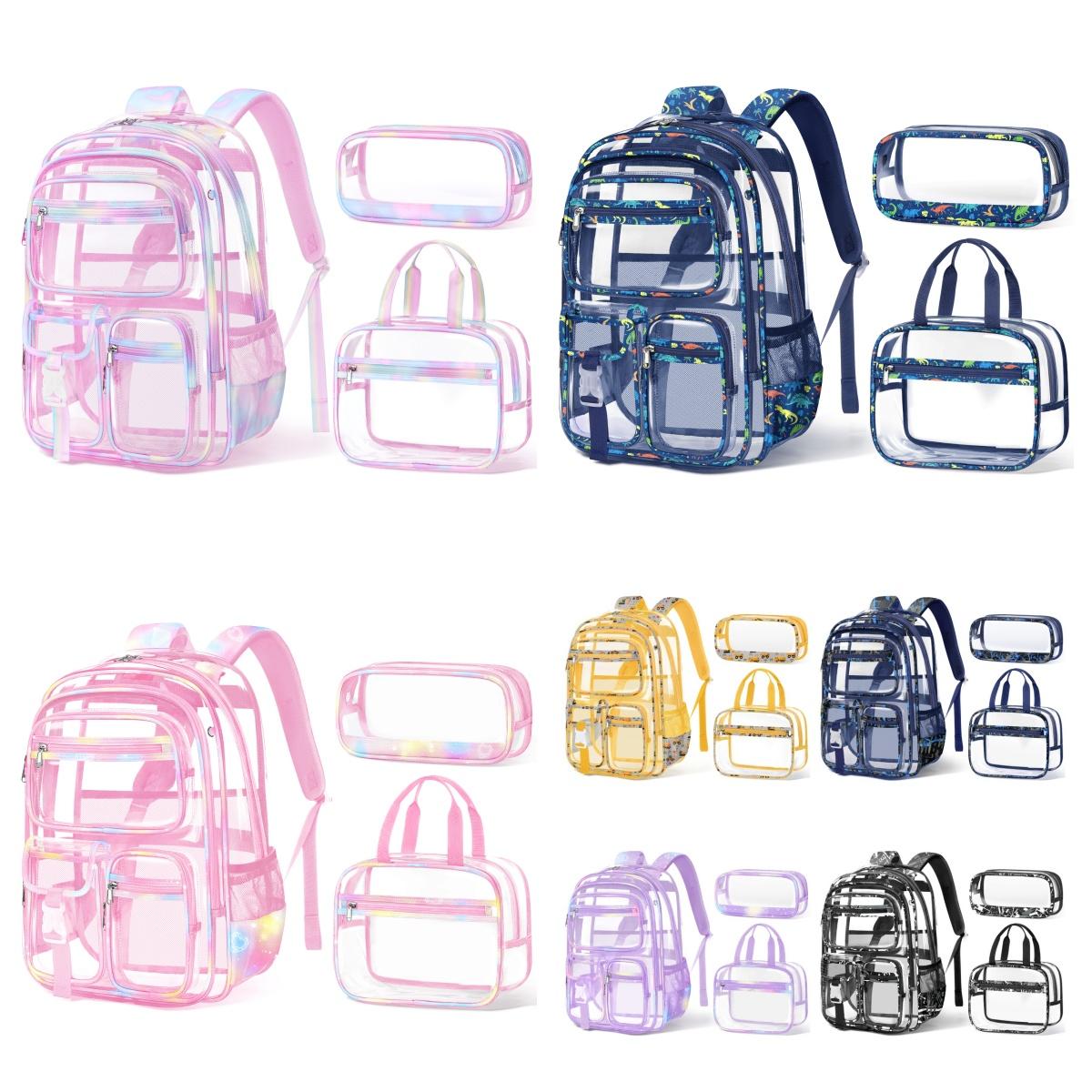 Fimibuke Clear Backpack with Lunch Box & Pencil Case - 3 PCS Heavy Duty Transparent PVC Schoolbag Large Waterproof Bookbag for Travel School Concert Stadium Events Backpacks