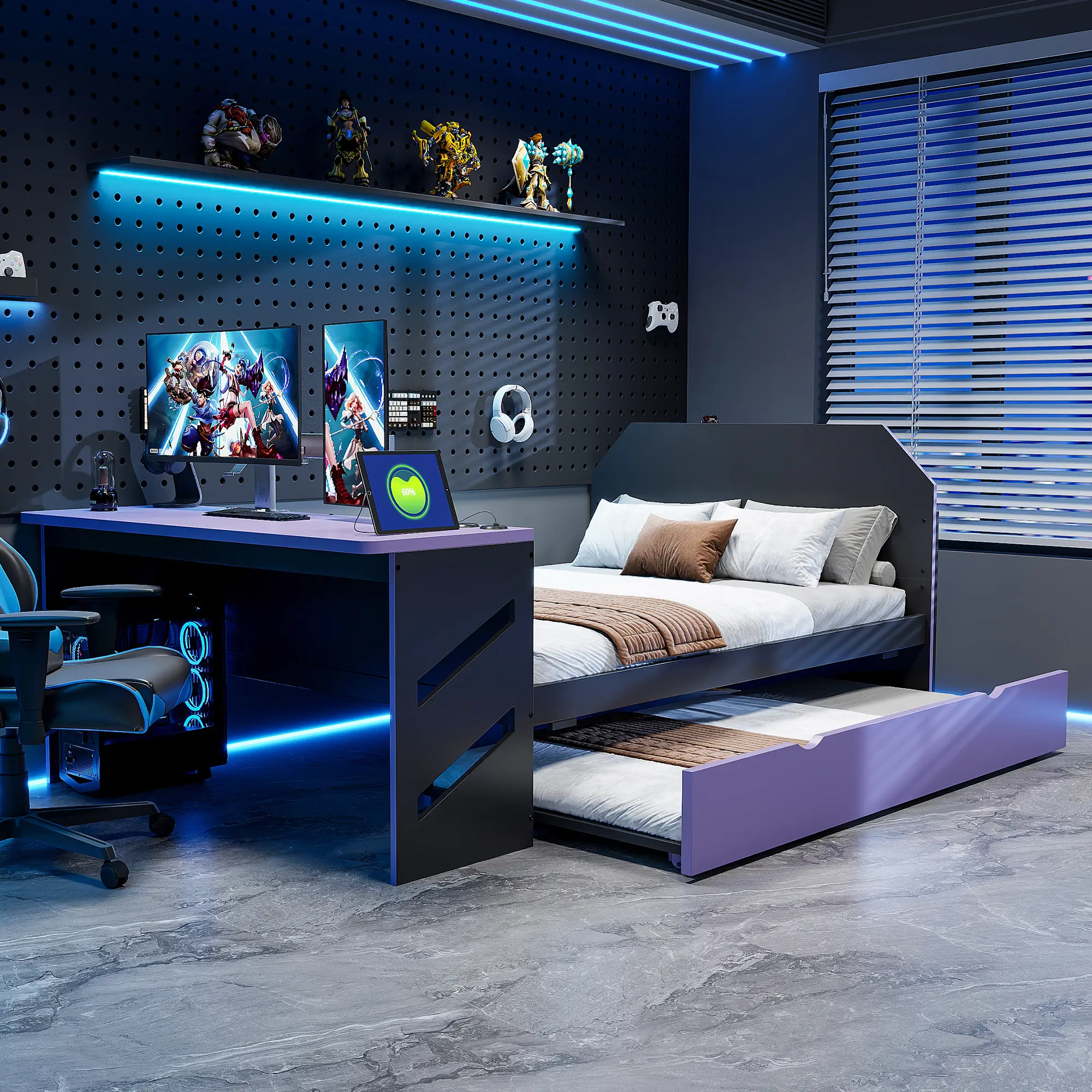 Full Size Daybed with Pull-Out Twin Trundle, Built-In Desk and USB Charging, Gaming-Inspired Wood Frame, Purple and Black Finish, MDF/Plywood/Solid Wood, 92.1L x 58.2W x 35.6H