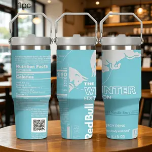 1pc 30oz Stainless Steel Insulated Water Bottle, Hydration Tumbler, Limited Edition Red Bull Replica Water Bottle, with Handle and Straw. Suitable for outdoor, sports use. Birthday/Holiday Gift. Large Capacity Water Bottle, Flasks