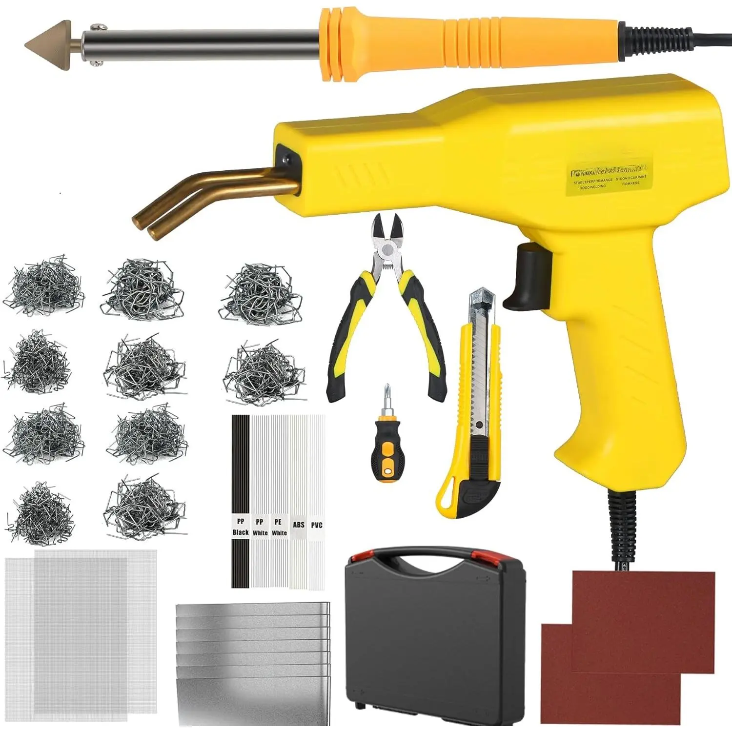 Plastic Welder, 2 in 1 Plastic Welding Kit,  1000 count Hot Stapler Plastic Repair Kit For  Bumper Crack Repair with Plastic Iron Plastic Rods, Metal Mesh, Abrasive Paper, Aluminum Tape