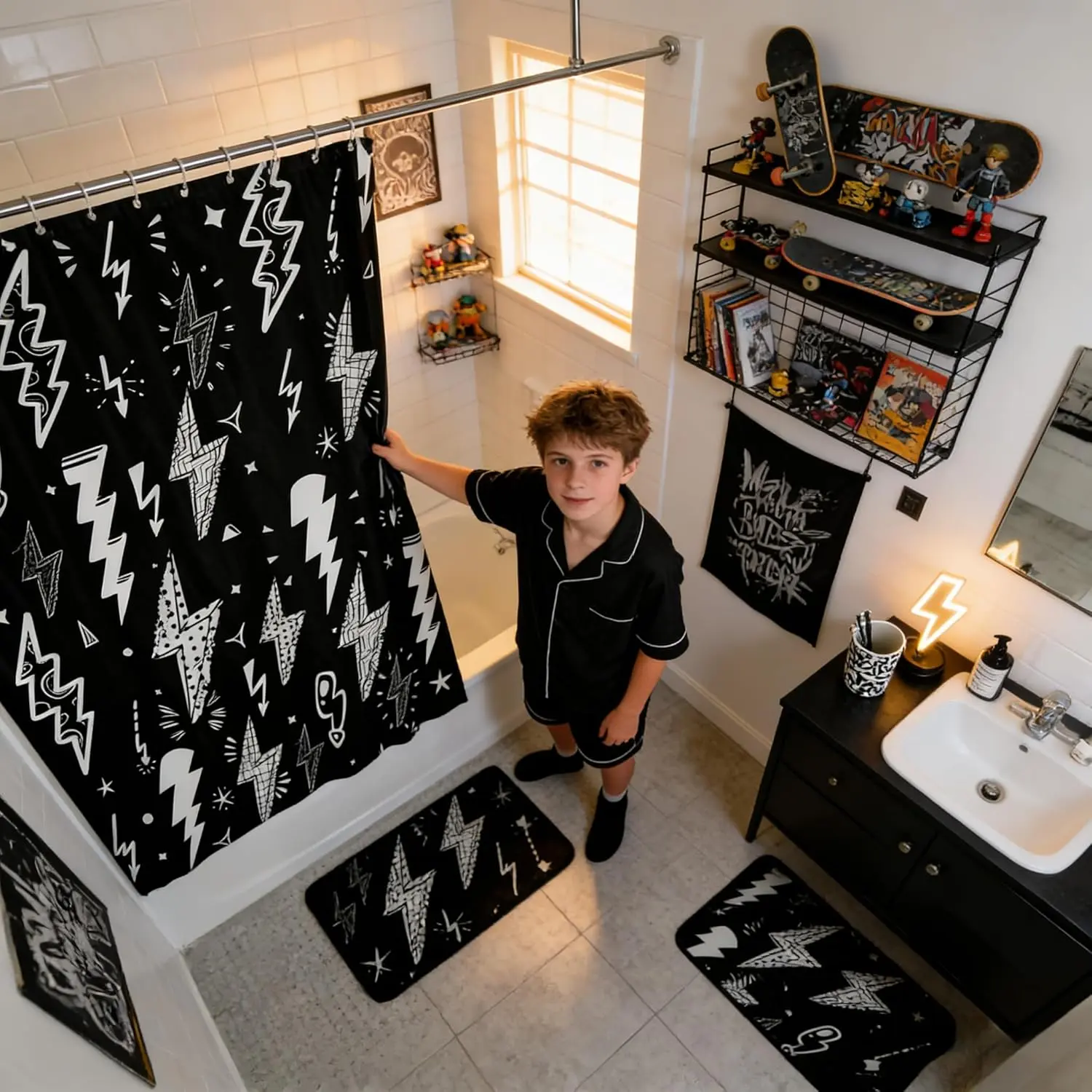 Lightning Shower Curtain - Hand Drawn Doodle Lightning Bolt Bath Curtain