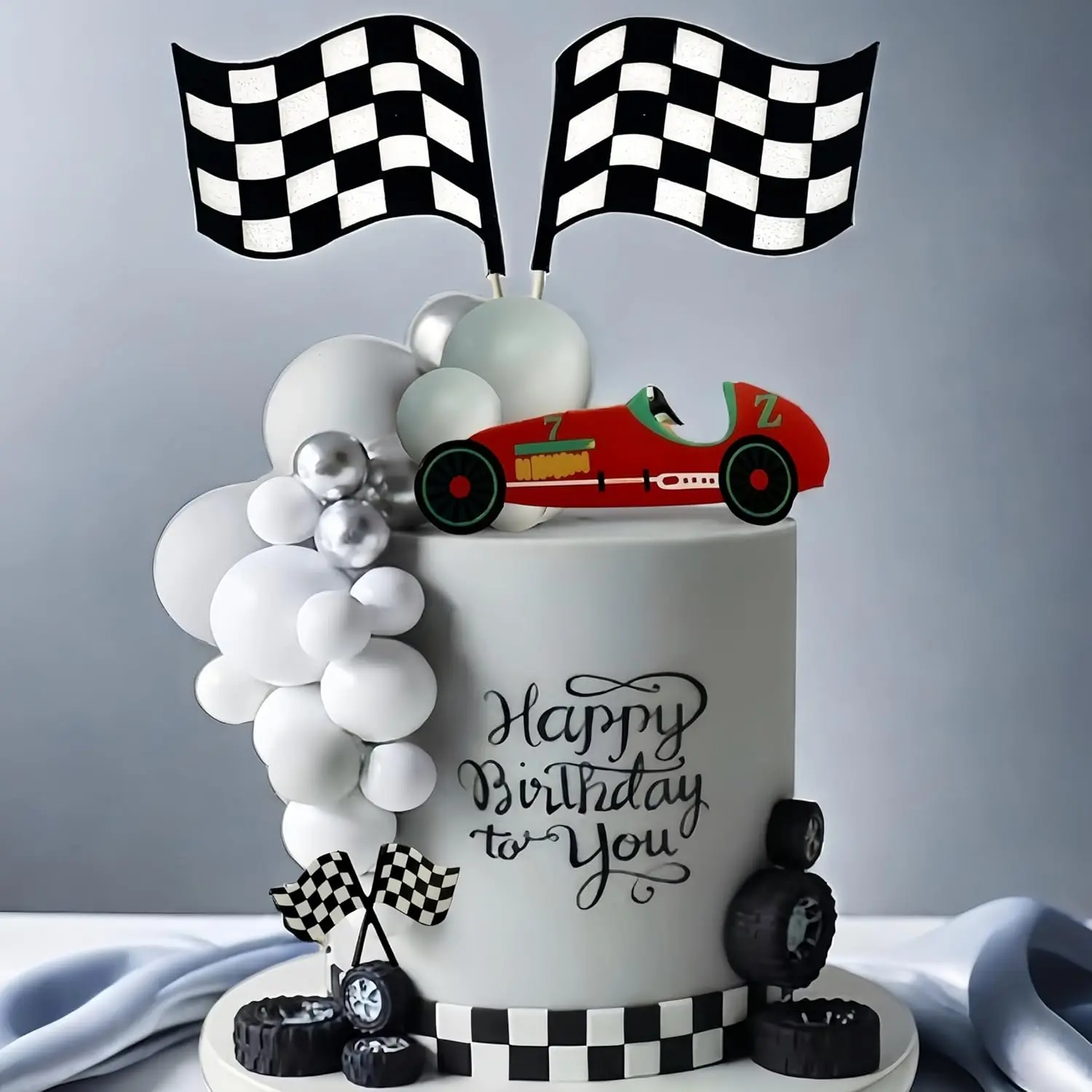 Racing Car Cake Toppers Set - 10x Gray Ball Ornaments, 5x Silvery Ball Ornaments, 6x Wheels, Decorative Easy-Install Party Birthday Supplies (Cake Decorations for Festive Events)