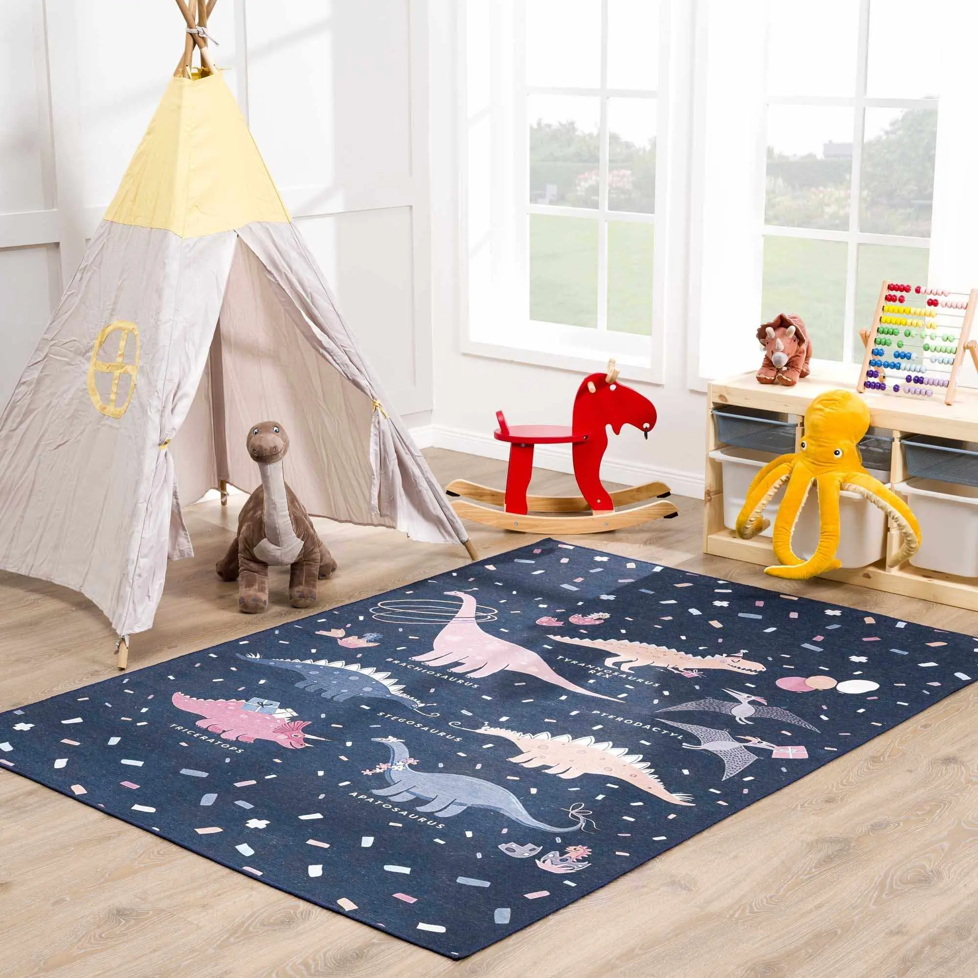 Milne Navy Cartoon Dinosaur Head Area Rug - Rectangular, Machine Washable Kids Indoor Floor Rug, Clearance, Machine Washable Rugs, Cartoon Dinosaur Head Area Rugs
