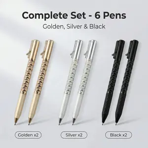 One-Click Deformable Pen, Geometric Shape-Shifting Pen - 6 Pack ( 2 Black, 2 Silver, 2 Gold) |Press to reveal a diamond crinkle design | A multi-functional creative pen for writing, drawing, and stress relief, ideal for journaling, planning,  note-taking.