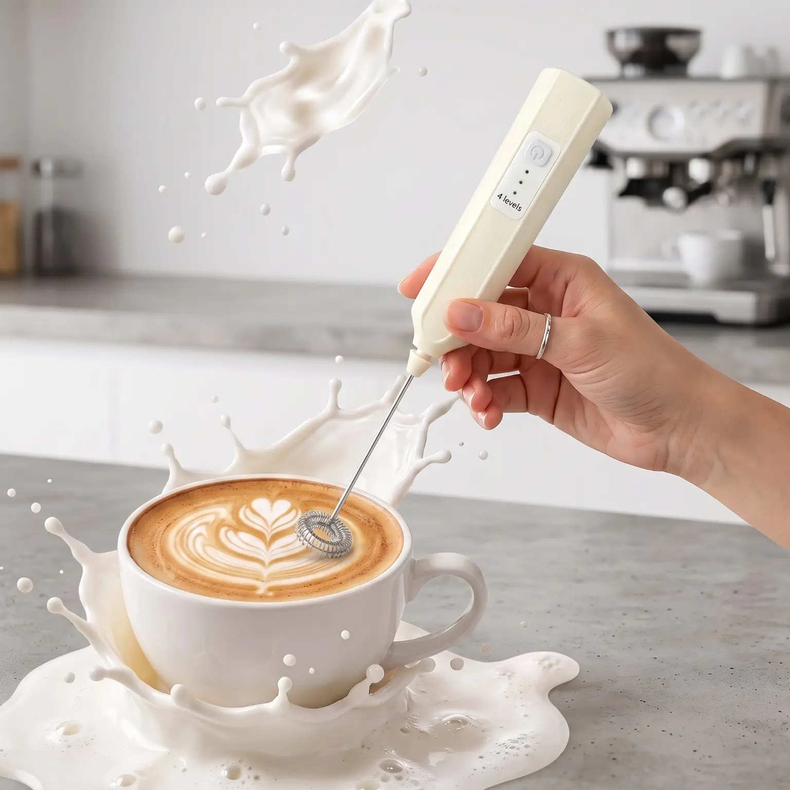 Rechargeable Handheld Milk Frother, Equipped with 2 Interchangeable Heads and 3 Adjustable Speeds, Electric Coffee Mixer & Milk Bubbler, Detachable Stainless Steel Whisk, Ideal for Cappuccino, Latte, Matcha, Juice and Egg Beating, Black