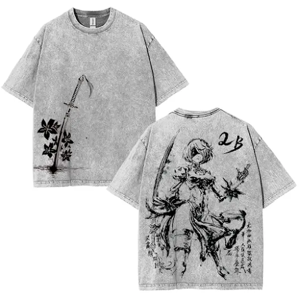Nier Automata 2B v7 Yorha for the Glory of Mankind washed 2 sided printed tshirt, soft cotton oversize graphic tee, classic black crewneck menswear top Clothes