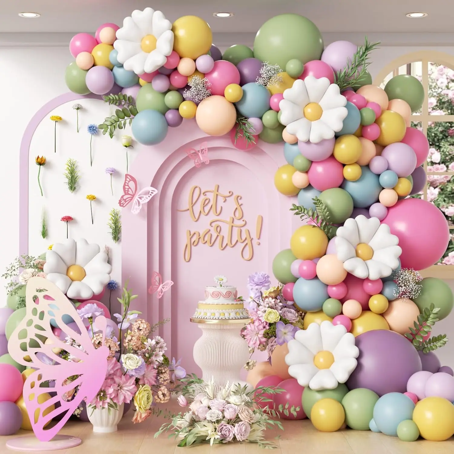 136-Piece Good Quality Elastic Multi-Size Floral Balloon Arch Kit, Sage Green-Hot Pink-Dusty Pastel Purple Arch Backdrop for Wildflower Shower & Birthday Party Balloon Decor