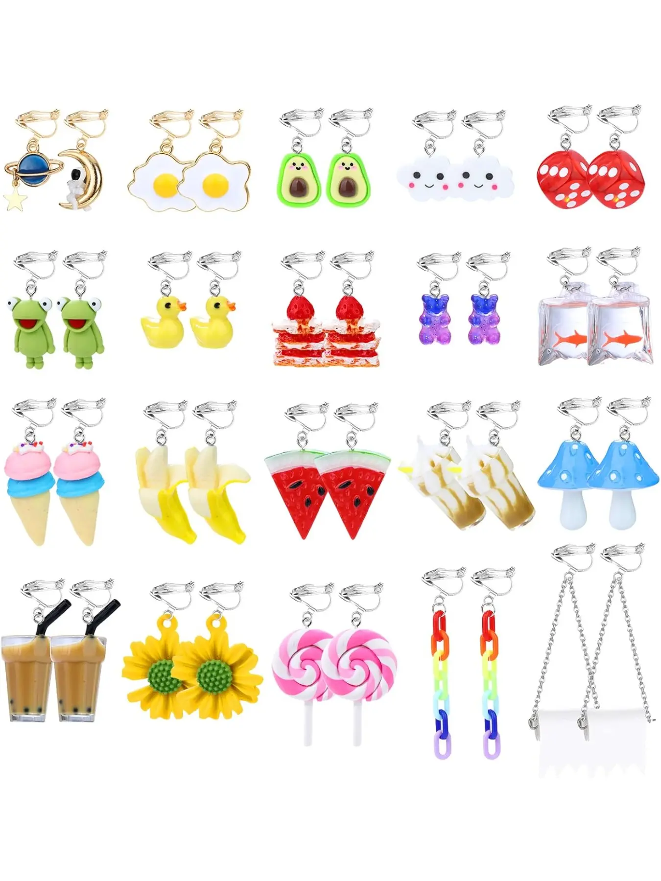 20 Pairs Cute Clip On Earrings - Statement Earrings, Weird, Funny Drop Dangle Earrings With Mushroom, Frog, Duck, Strawberry, Goldfish, Flower, Fruit, Animal, Kawaii Themes - Non Piercing Jewelry, Clear Box