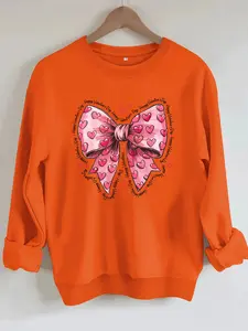 Women's Casual Heart Bow Print Hoodie, Soft Long Sleeve Round Neck Valentine's Day Sweatshirt, All-Season Wear