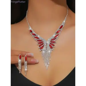 Women's Elegant Rhinestone Decorated Jewelry Set, Fashionable Jewelry Set, Exquisite Trendy Tassel Design Necklace & Dangle Earrings, Chic Jewelry Set for Party Decoration