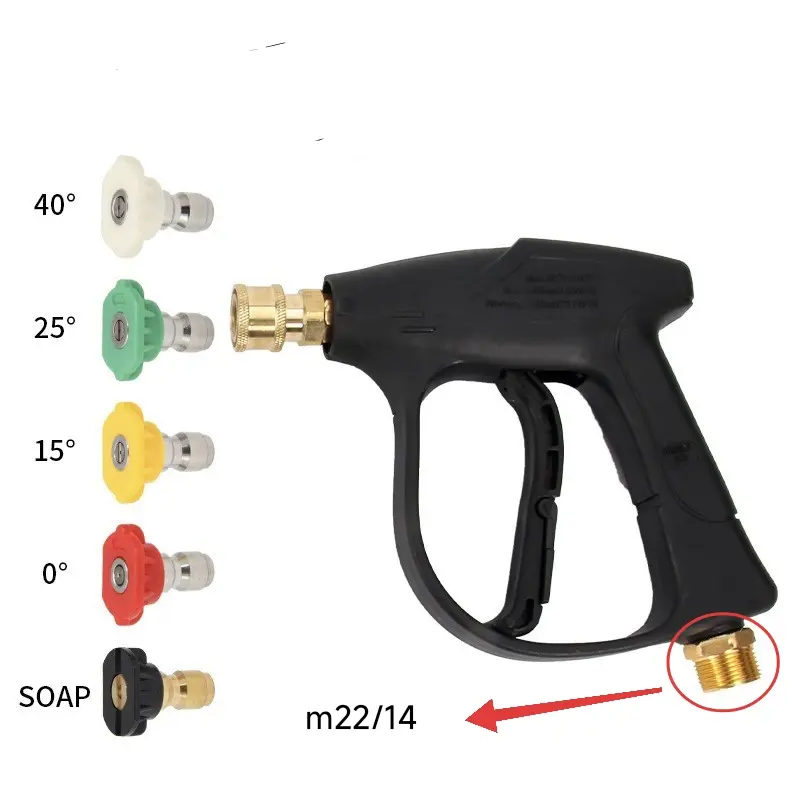 High-pressure car wash water gun with M22/14 valve interface, a multi-purpose cleaning tool for washing homes, cars, and surfaces.