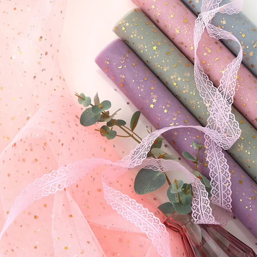 Star Moon Net Fabric Roll, Star & Moon Embroidery Mesh Cloth, Elastic Glitter Ribbons, Embroidery Lace for Wedding Decor DIY Crafts, Star And Moon Pattern, Embroidered Mesh