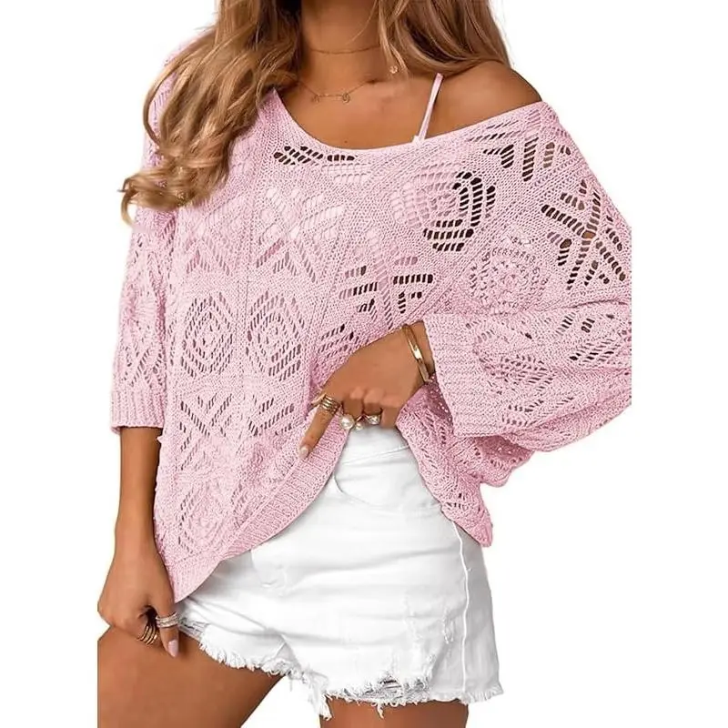 PHEFEE Women's Basic Knitwear Crochet Sweater - Lightweight, Thin, Hollow-Out, 3/4 Sleeve, Loose Casual Boho Pullover Tops, Cover Ups for Matching Skirts, Tank Tops