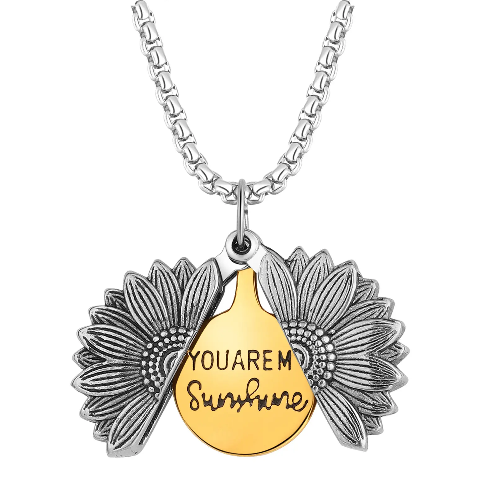 OIDEA Stainless Steel Sunflower Locket Pendant Necklace - "You Are My Sunshine" Engraved, Openable Charm, 22 in Wheat Chain, Chain Jewelry Necklaces