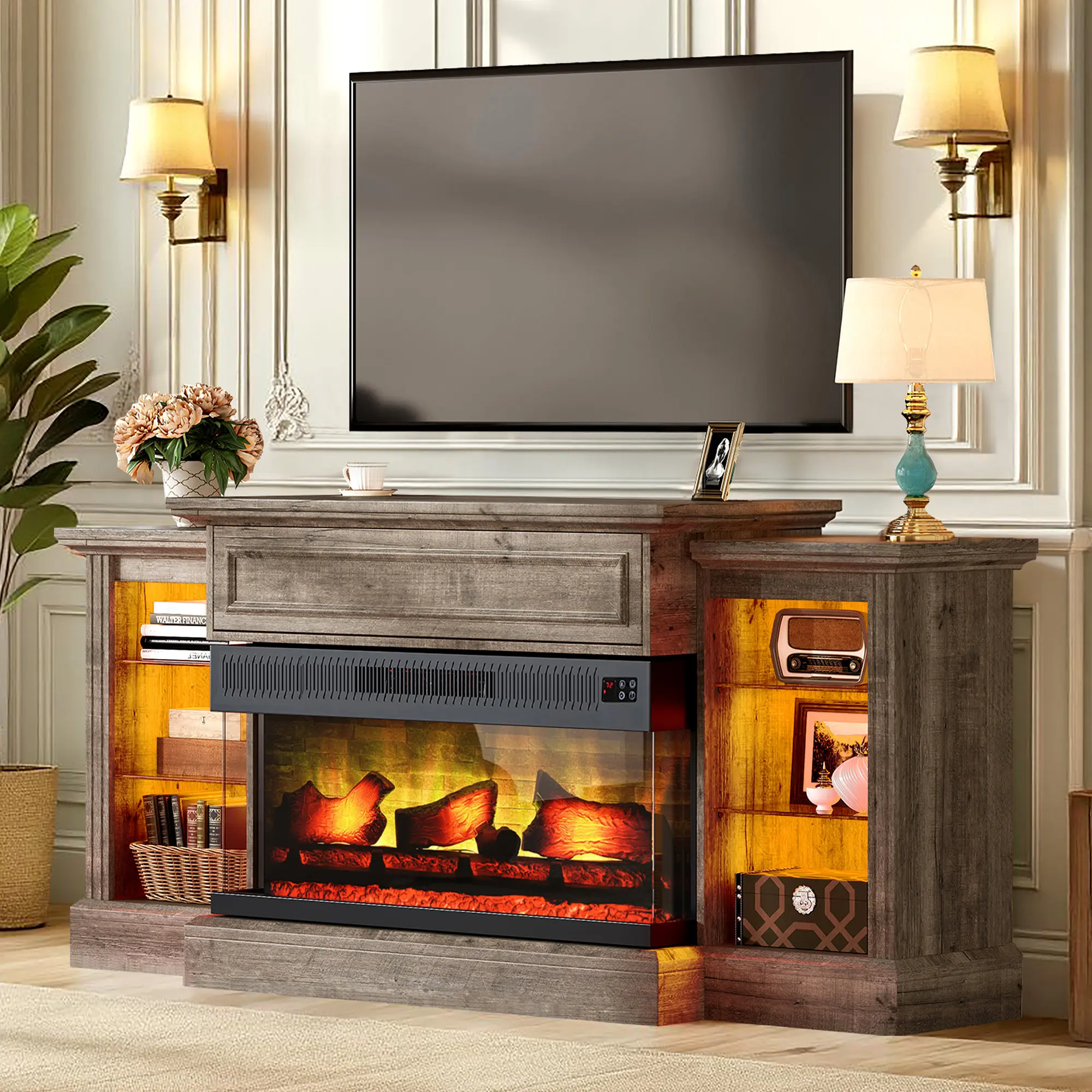 [Ships In 2 Boxes]ALBOTT Electric Fireplace with Mantel, Farmhouse 3-Sided Fireplace TV Stand, Entertainment Center with Adjustable Shelves & LED Light[tiktokshopbacktoschool][SohoChic]