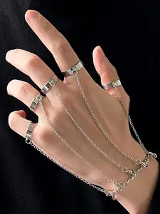 Hiphop Punk Creative Chain Bracelet Ring Set, Unisex Minimalist Adjustable Open Ring, Stylish Fashion Jewelry Set for Men & Women