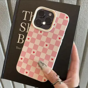 White frosted soft case with lychee pattern, pink plaid and red heart design, perfect as a birthday gift. Compatible with iPhone 17/16/15/14/13/12/11/X/XS/XS Max., Accessories, Smartphone, Cellphone, Handheld,summerwins summerwins