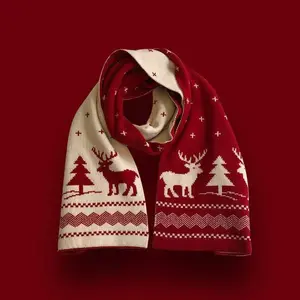 【Best Christmas Gift】Cubidupi Double-Sided 48-Fine Wool Christmas Scarf Reversible Knit with Reindeer & Snowflake Patterns for Holiday Warmth