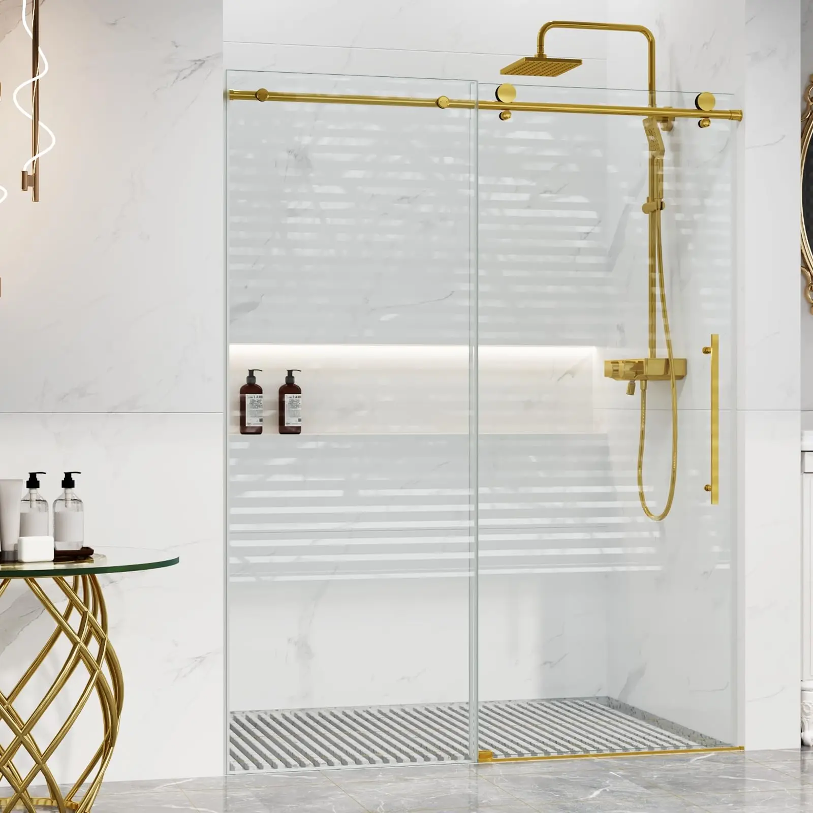 【Christmas Deal】GARVEE Frameless Sliding Shower Doors with 8mm Clear SGCC Tempered Glass, Available in Multiple Sizes (56-60" W x 72-75" H), Featuring Waterroof Seal Strip and Durable Stainless Steel Hardware in Gold, Black, and Silver Finishes