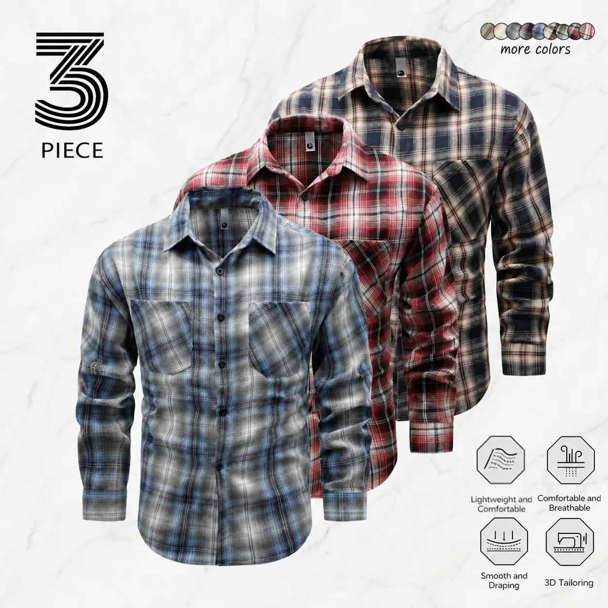 Men's 3-Pack Casual Plaid Long-Sleeve Button-Up Shirts - Breathable Fabric, Turn-Down Collar, Mixed Colors, Suitable for Workplace & Everyday Wear.Summervibes