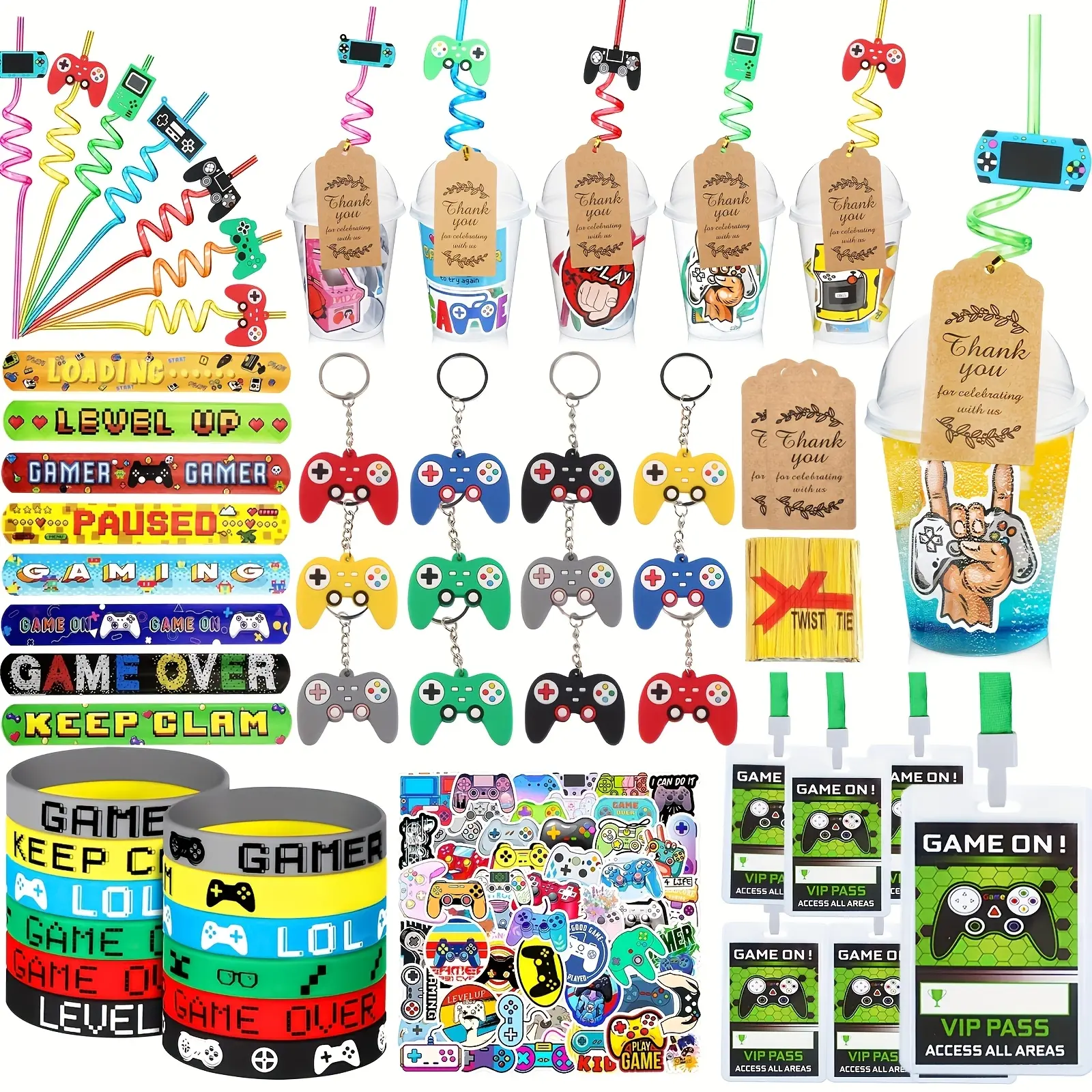 Gamer Birthday-Themed Gift Kit Party Pack - Class Party Favors with Cups, Straws, Bracelets, Keychains, Stickers, Goody Bags & Matching Gifts for Kids