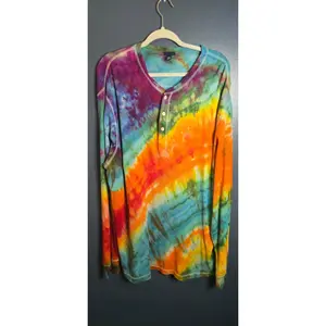 🌈 Upcycled Tie-Dye Thermal Henley – Size XXL