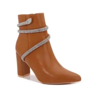 Boots with Rhinestone Straps - Tan Leather Ankle Boots for Women - Pointed Toe & Chunky Heel Design