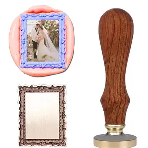 3D Embossed Large Rectangle Frame Wax Seal Stamp,Removable Brass Head with Wooden Handle 3D Relief Photo Frame Sealing Wax Stamp for Wedding Invitations Scrapbooking Letters Gift Christmas