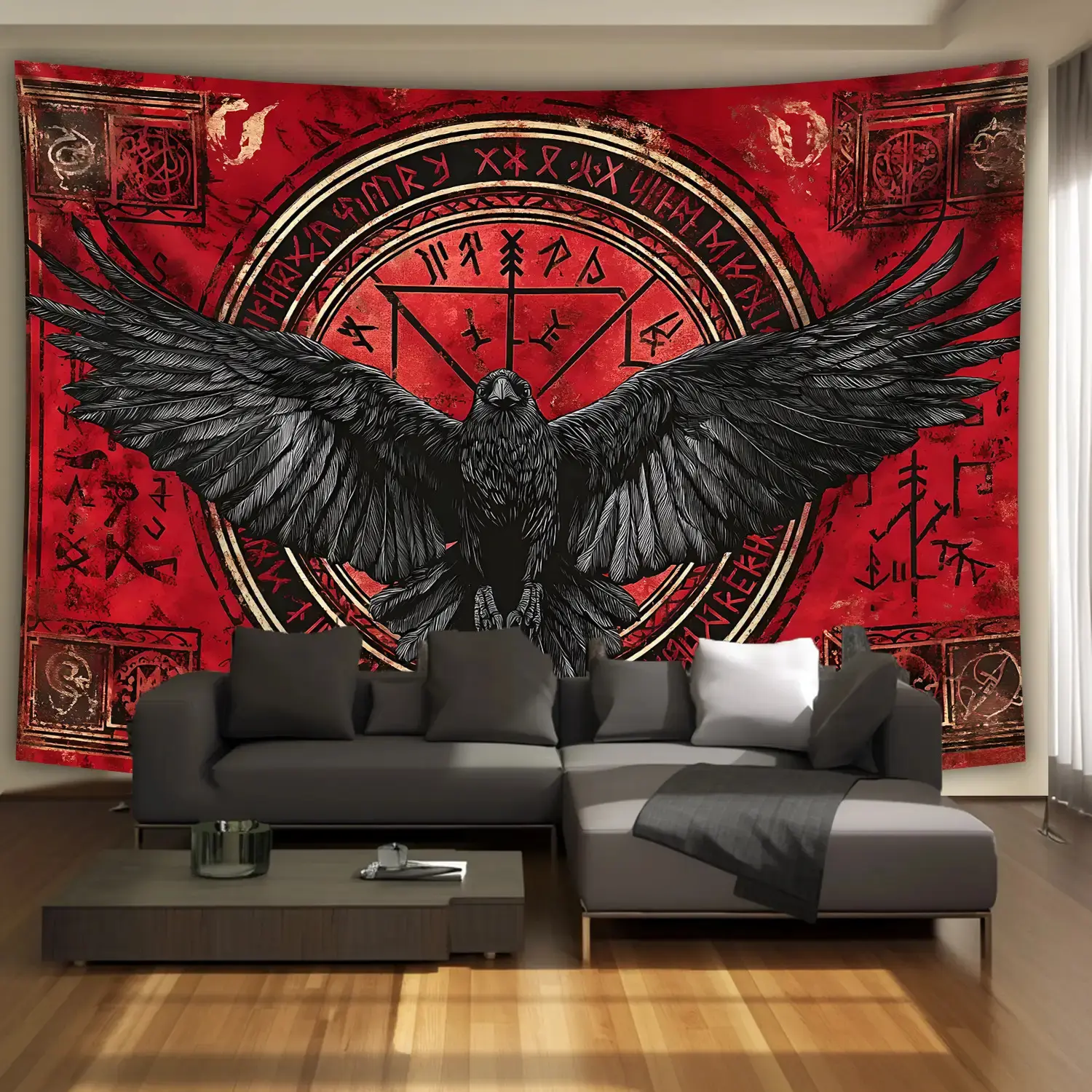Extra Large Gothic Raven & Celtic Knot Tapestry - Heavy-Duty Red/Black/ Golden/Gray/White/Gray - Vintage Norse Viking Rune Design - Wrinkle-Resistant Fabric - Hanging Decor for Living Room, Bedroom, Office - Easy Hanging Clips Included - Bold Statemen