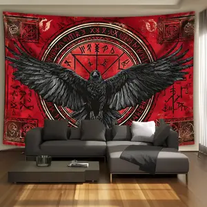 1pc Extra Large Gothic Raven & Celtic Knot Tapestry - Heavy-Duty Red/Black/ Golden/Gray/White/Gray - Vintage Norse Viking Rune Design - Wrinkle-Resistant Fabric - Hanging Decor for Living Room, Bedroom, Office - Easy Hanging Clips Included - Bold Statemen