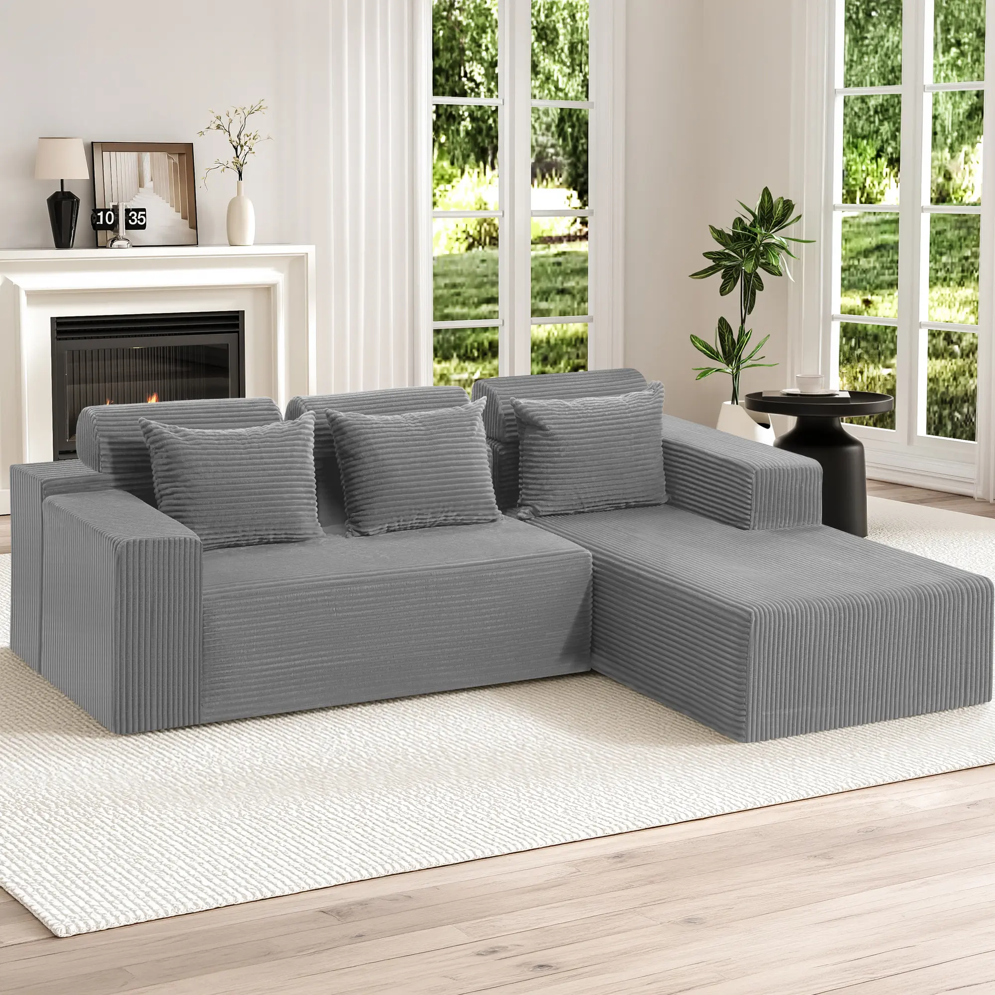 Dragosum 105" L Shape Modular Cloud Sectional Couch, Corduroy Deep Seat Comfy Sofa with Chaise, No Assembly Free Combination Living Room Modular Sofa, Light Grey Corduroy Modular Couch for Apartment & Small Space