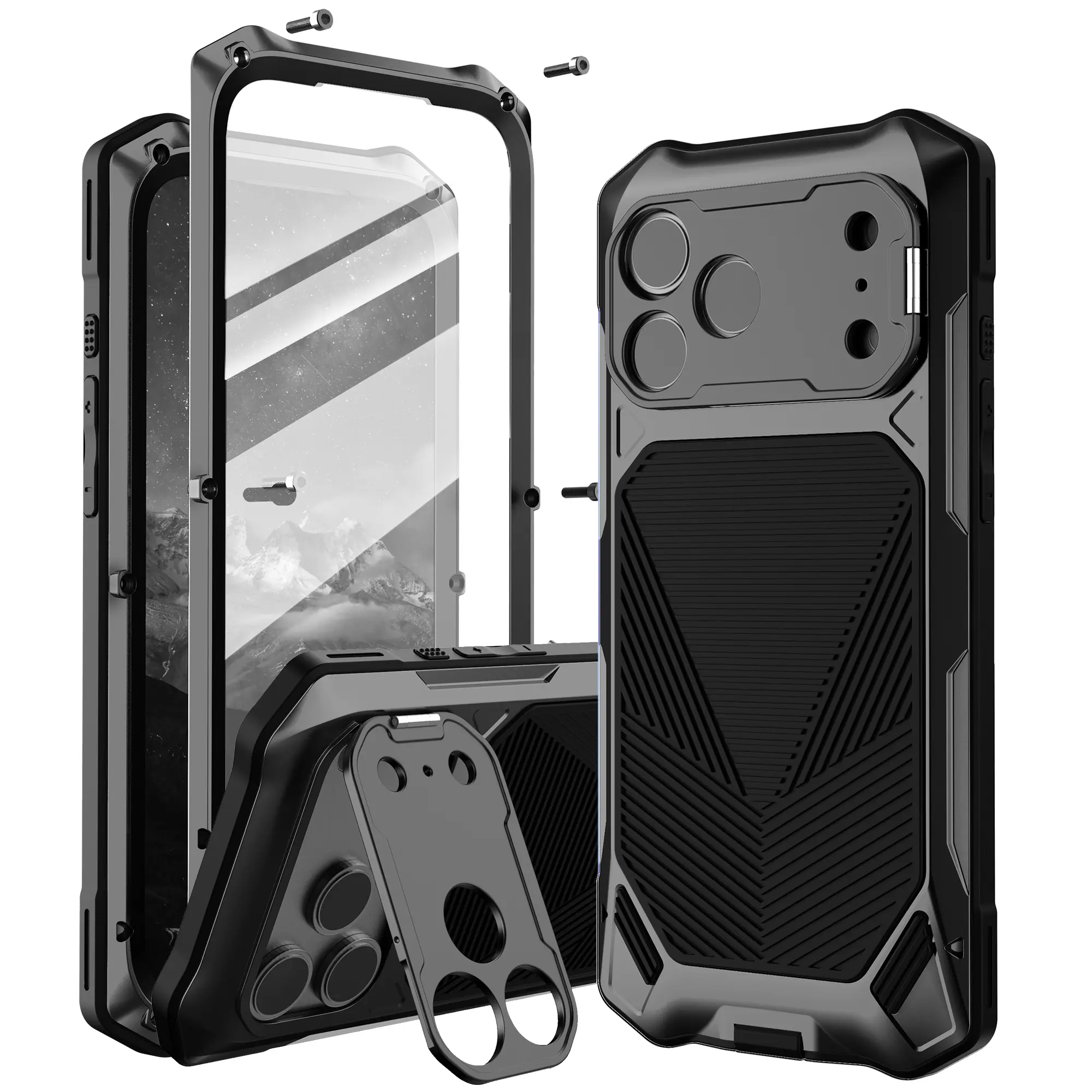 Heavy Duty Fully Protected Shockproof Metal Phone Case with Built-in Kickstand for iPhone 17 Pro Max, Anti-Drop Protective Smartphone Cover