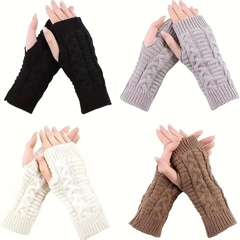 Aeropostale Women's Knitted Fingerless Gloves (4 Pairs) - Thumb Hole Wrist Warmers with Crochet Design, Winter Sports Protective Gear for Warmth, Available in Black, Grey, White, Brown