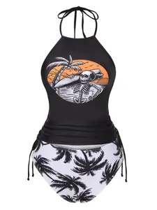 RETRO STAGE Women's Halter Bikini Set - Black 1980s Punk Skeleton Print Vintage Gothic Swimwear with Medium Stretch, Multi-Size Halter Bikini Top for Sports & Outdoor Use
