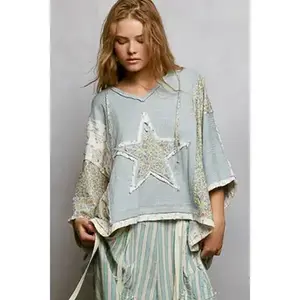 Long Sleeve Lace Contrast Floral Star Patch Knit Top Sale