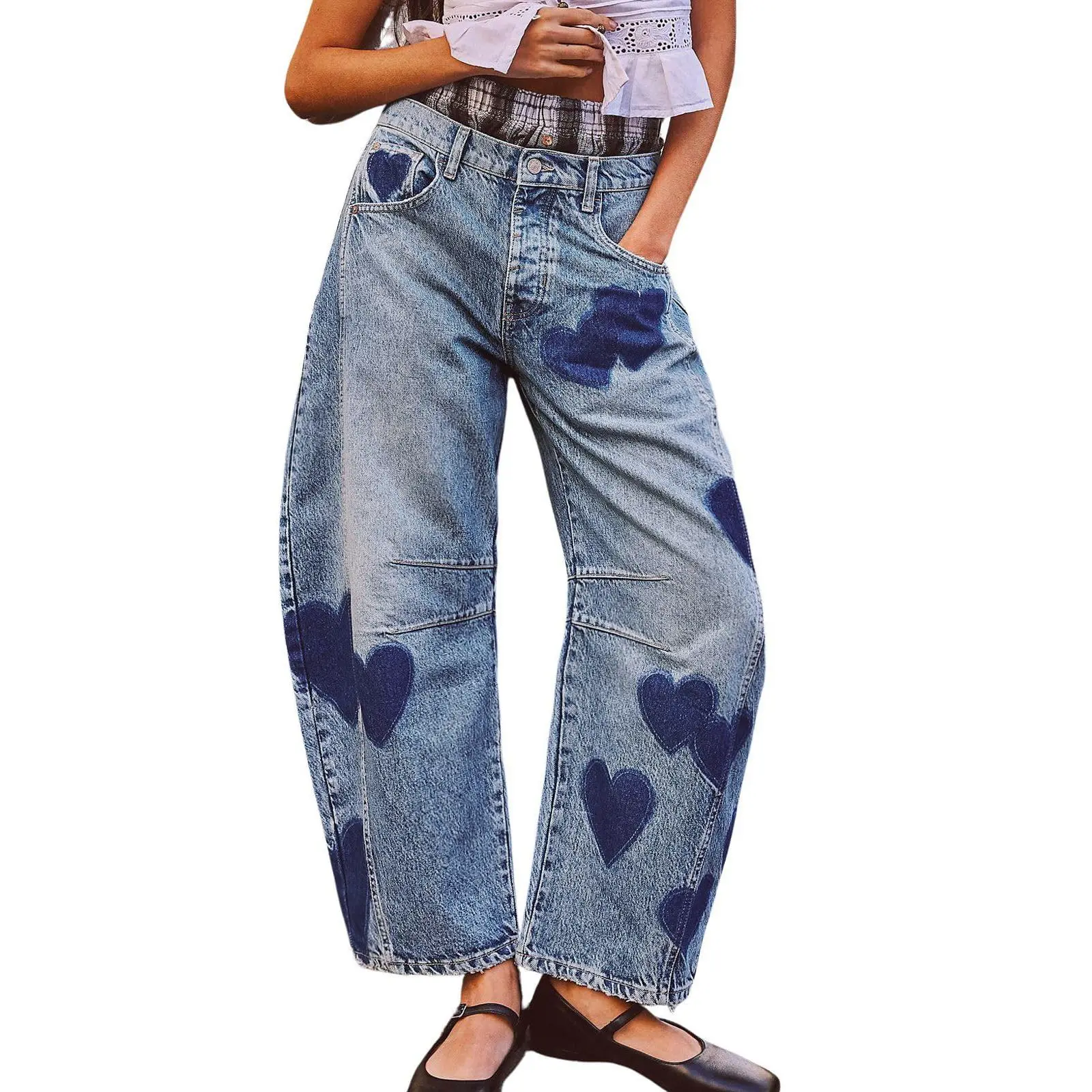 CHARTOU Y2k Barrel Jeans Women Wide Leg Baggy Distressed Printed Boyfriend Horseshoe Denim Pants Bottom Streetwear,back to school shopping