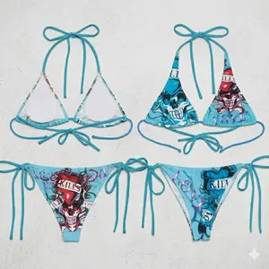 Inspired Skull Love Kills String Bikini Set – Turquoise Blue | Skull & Heart Tattoo All-Over Print | Halter Tie Top & Side-Tie Bottom | Y2K Vintage Grunge Swimwear | Women's Summer Beach Festival Outfit & Gift for Her