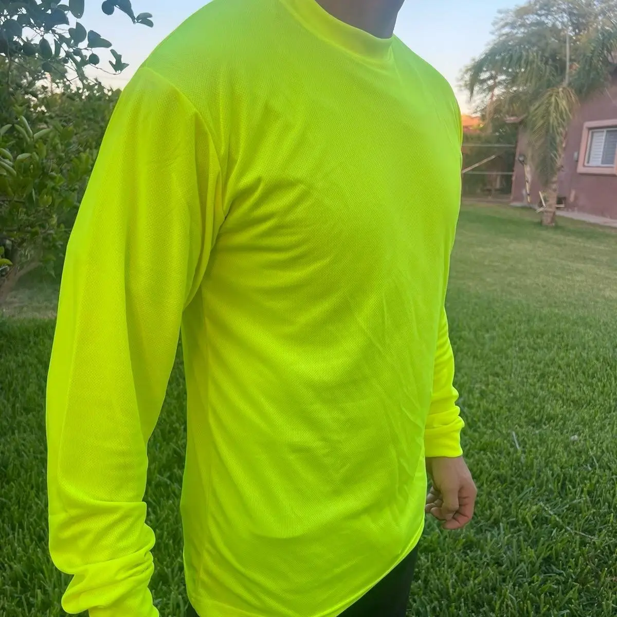Work Long sleeve crew neck t-shirt 100% polyester material high visibility colors fits to size multiple colors for UV protection.