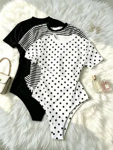 European and American Style Round Neck Short Sleeve Romper, Bodycon Fitted Shortie Stretchy Bodysuit, Three Colors Available, Slim Fit Shaping Top, Street Fashion, Casual, Daily Commute, Light Sports, Home Leisure Bodysuits