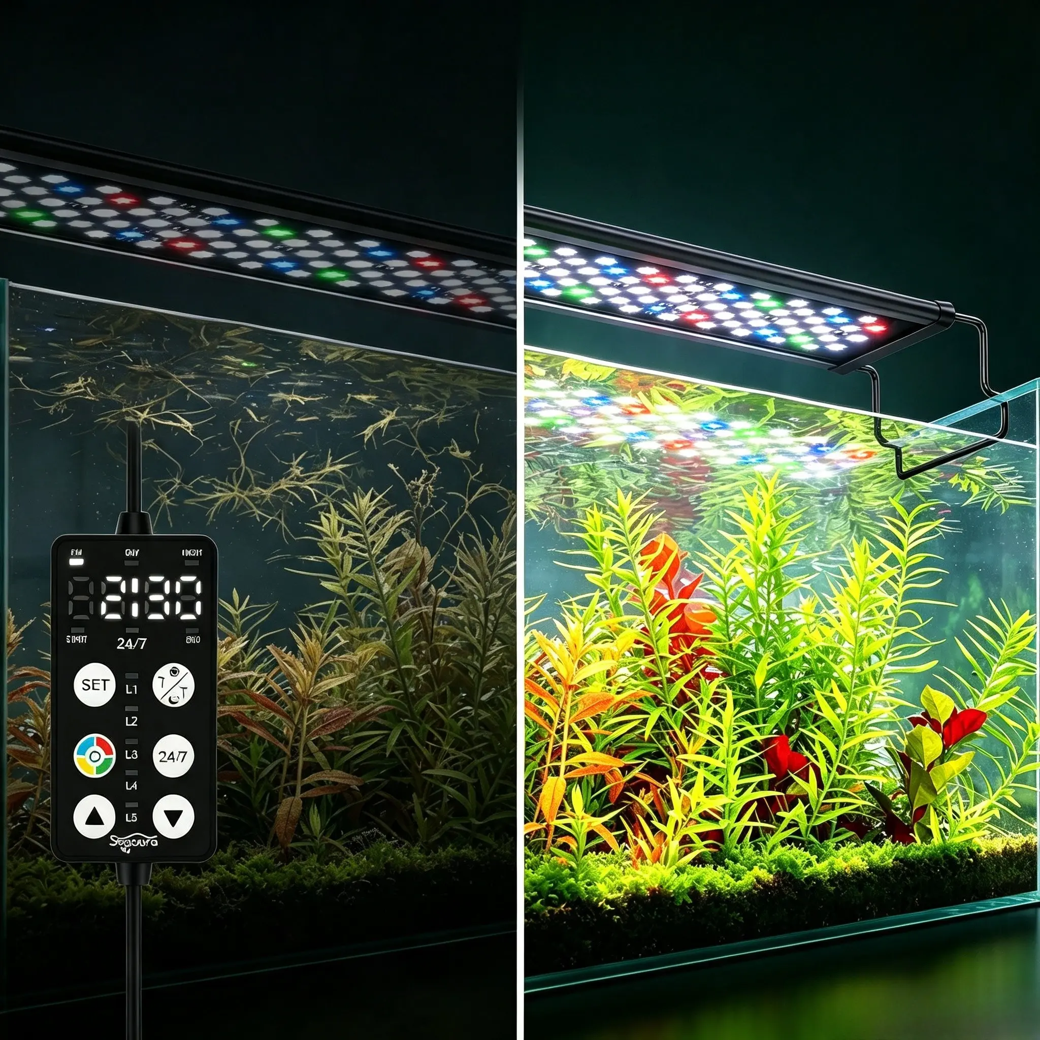 Seaoura SR 657 Full Spectrum LED Aquarium Light - Freshwater Fish Tank Plant Grow Light with Custom 24/7 Timer, Time Memory, IP68 Rated Waterproof, 9 Dimmable Colors, 7-Row LEDs, Adjustable Arm Extendable Bracket for 12-18 in Tanks, Plant Growth