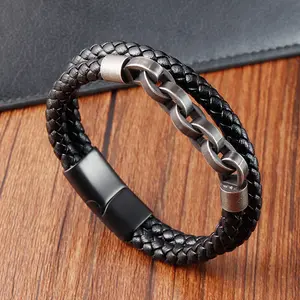 Men's Titanium Steel & Black Faux Leather Braided Bracelet with Magnetic Clasp - August Birthstone Jewelry for Daily Wear, Parties, Holidays - Durable Rustic Modern Design, Perfect Gift for Christmas, Halloween, Thanksgiving, Party Accessory