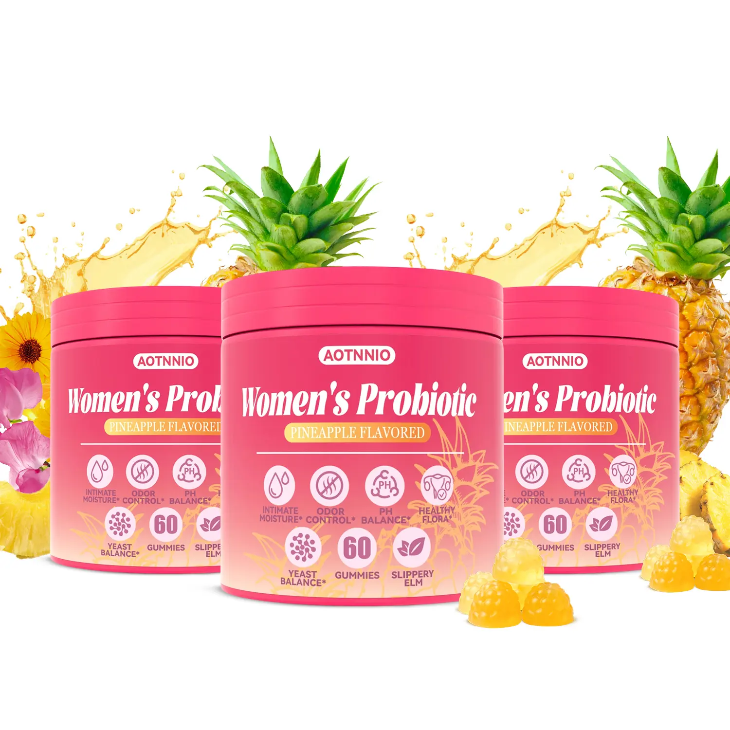 Summervibes Feminine Health Gummies | Pineapple Flavor | Probiotics, Prebiotics & Slippery Elm | Supports Feminine pH Balance, Gut Wellness & Everyday Comfort | 60 Count