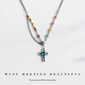 Love Blue Liquid Cross Splicing Colored Star Necklace for Women, Light Luxury, Niche y2k Millennium Style Colored Clavicle Chain