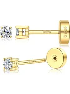 Gold Plated Moissanite Stud Earrings, Flat Back Earrings, Small Round Cut D Color Vvs1, Hypoallergenic Jewelry Gift for Women & Men