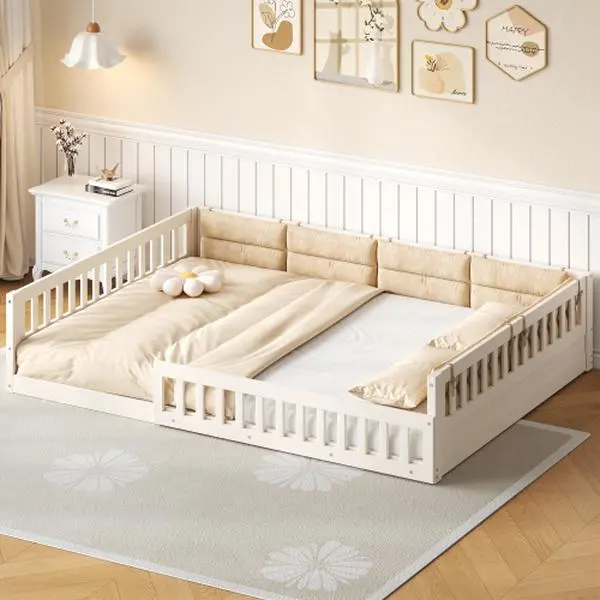 【Bellemave】Wood Full Size Upholstered Platform Bed with Guardrail and Pillow, Beige