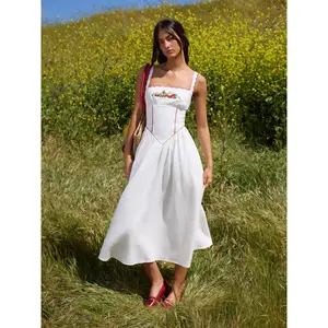 Cider Linen-blend Square Neck Fruit Embroidery Flared Maxi Dress SwimWeek
