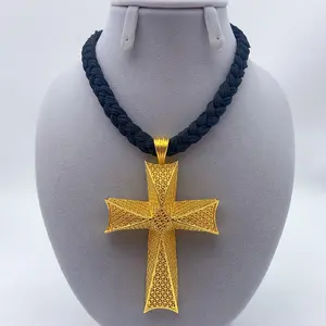 Black Rope Dubai Gold Color Cross Pendant Jewelry for Women Man African Chain Wedding Party Ethiopian Eritrea Gift