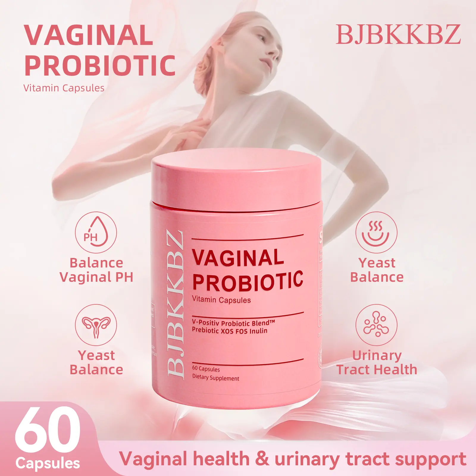 BJBKKBZ Feminine Support Vaginal Probiotic Vitamin Capsules, V-Positiv Blend with Prebiotic XOS, FOS, Inulin, Supports pH Balance, Intimate Zone & Urinary Tract Health, 60-Count Dietary Supplement