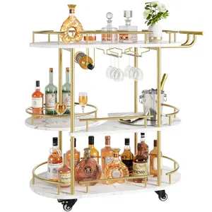 Gold Bar Cart – Features: 4 Tiers, Wine Rack, Glass Holder, Wheels for Mobility, Metal Storage Shelves – Elegant Mobile Serving Cart – Perfect for Kitchen, Dining Room, Living Room – Home Bar & Party Furniture
