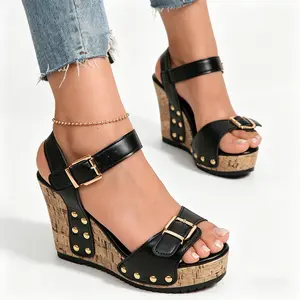 Women’s studded cork wedge sandals, open toe adjustable buckle platform heels, casual summer ankle strap dress shoes